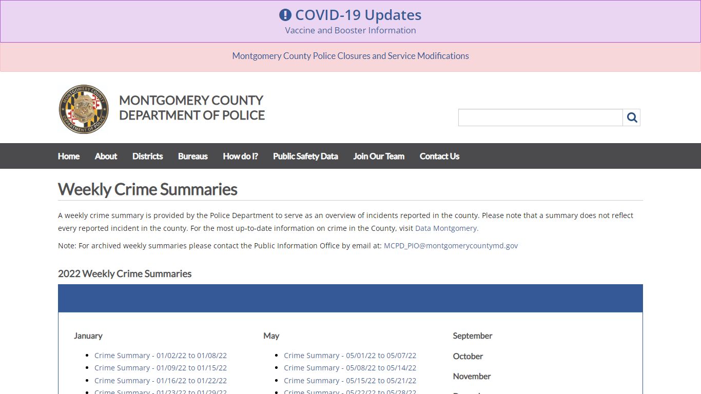 Weekly Crime Summaries - Montgomery County, Maryland